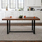 Table à manger en bois massif vieilli Gris / Acajou / Chêne rustique, style tréteau, 6 places
