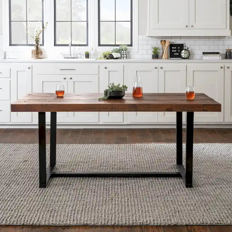 Table à manger en bois massif vieilli Gris / Acajou / Chêne rustique, style tréteau, 6 places