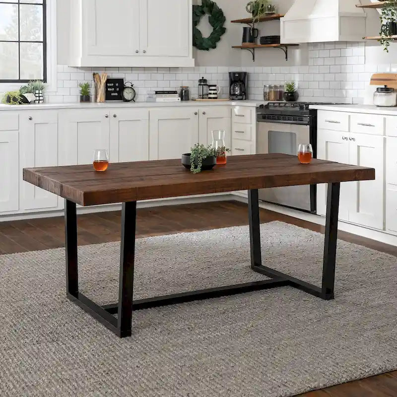 Table à manger en bois massif vieilli Gris / Acajou / Chêne rustique, style tréteau, 6 places