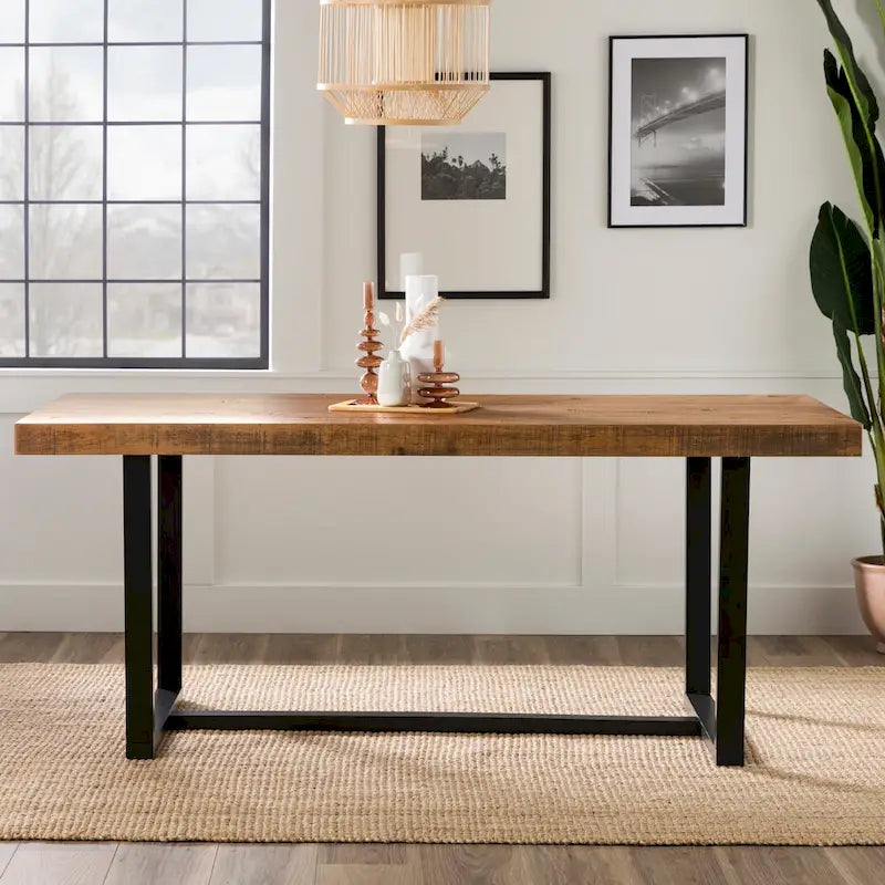 Table à manger en bois massif vieilli Gris / Acajou / Chêne rustique, style tréteau, 6 places
