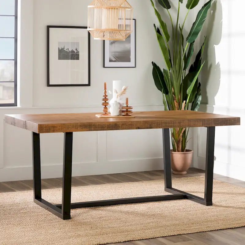 Table à manger en bois massif vieilli Gris / Acajou / Chêne rustique, style tréteau, 6 places