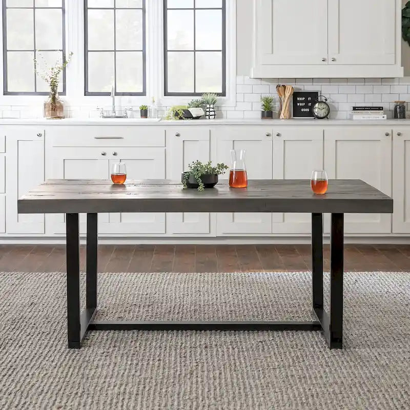 Table à manger en bois massif vieilli Gris / Acajou / Chêne rustique, style tréteau, 6 places