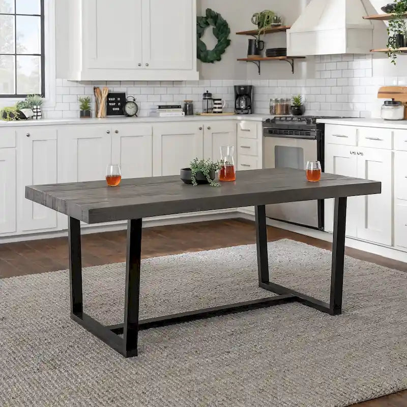 Table à manger en bois massif vieilli Gris / Acajou / Chêne rustique, style tréteau, 6 places