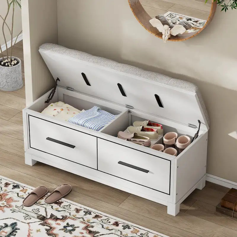 Banc de rangement relevable avec coussin, 1 personne, Expresso / Marine / Naturel / Blanc