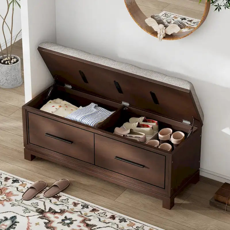 Banc de rangement relevable avec coussin, 1 personne, Expresso / Marine / Naturel / Blanc