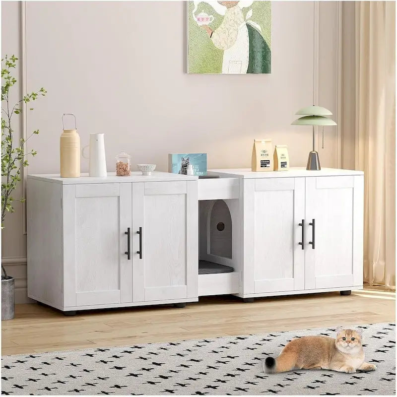 Meuble Cache-litière double blanc/noir, style armoire, pour 2 chats
