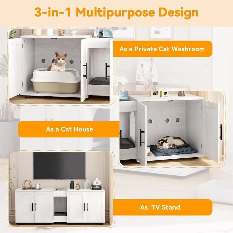 Meuble Cache-litière double blanc/noir, style armoire, pour 2 chats