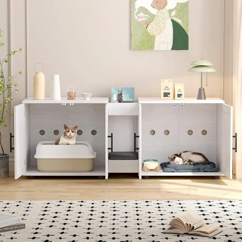 Meuble Cache-litière double blanc/noir, style armoire, pour 2 chats