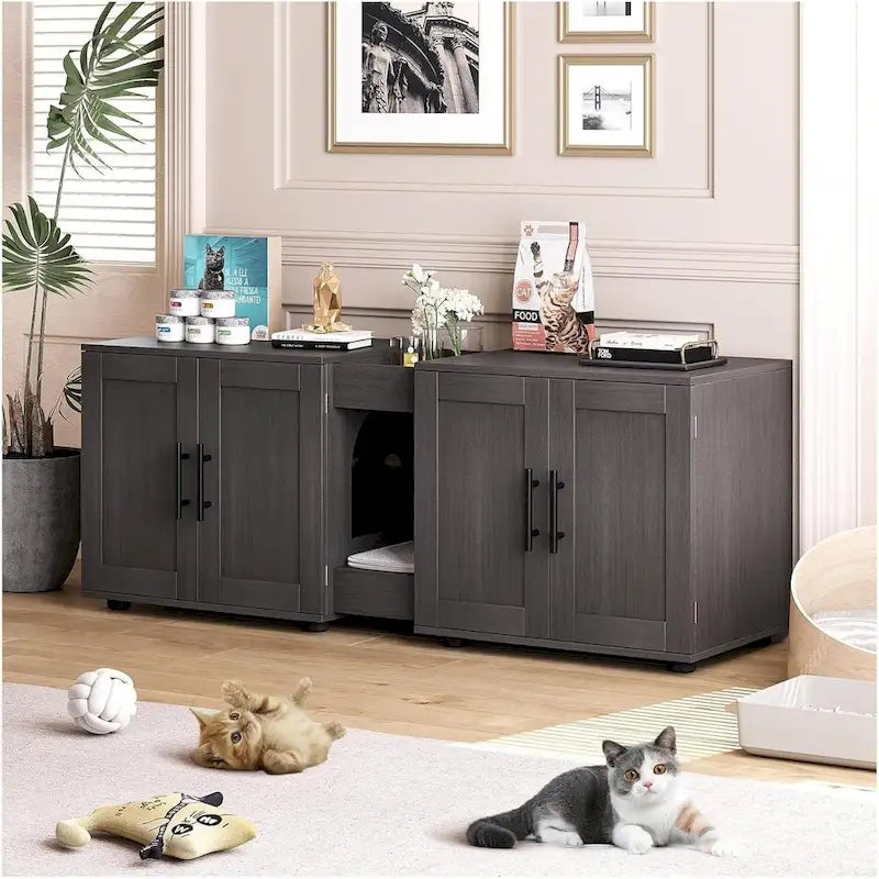 Meuble Cache-litière double blanc/noir, style armoire, pour 2 chats