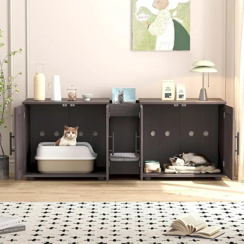 Meuble Cache-litière double blanc/noir, style armoire, pour 2 chats
