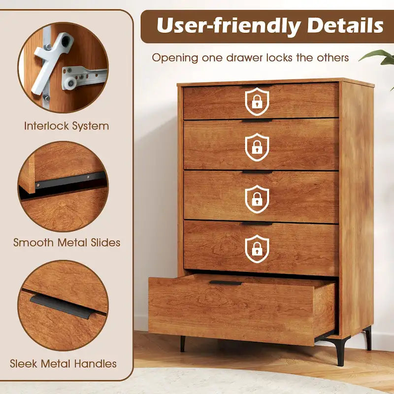 Commode marron 5 tiroirs avec pieds en métal, individuelle
