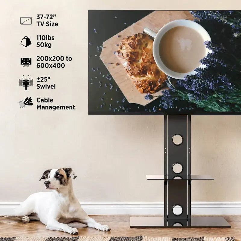 Meuble TV sur pied noir pivotant avec étagère en verre, pour téléviseurs de 37 à 72 pouces, 1 pièce