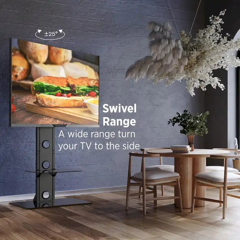 Meuble TV sur pied noir pivotant avec étagère en verre, pour téléviseurs de 37 à 72 pouces, 1 pièce