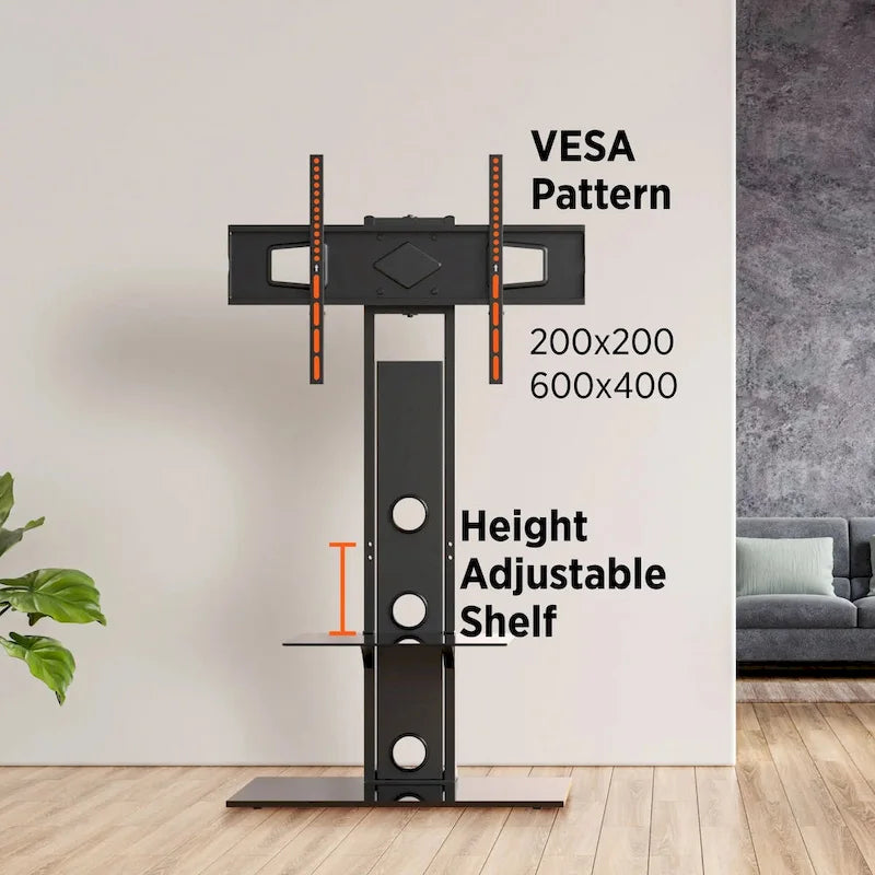 Meuble TV sur pied noir pivotant avec étagère en verre, pour téléviseurs de 37 à 72 pouces, 1 pièce