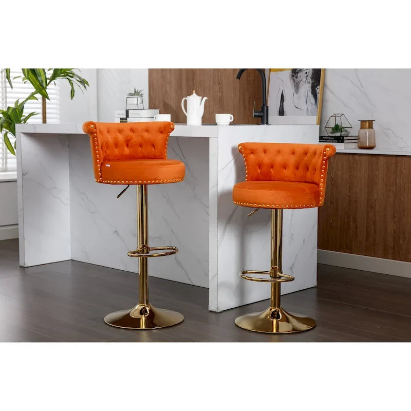 Tabourets de bar réglables pivotants capitonnés beiges / gris / orange / jaunes / bleu marine / noirs avec repose-pieds dorés, lot de 2