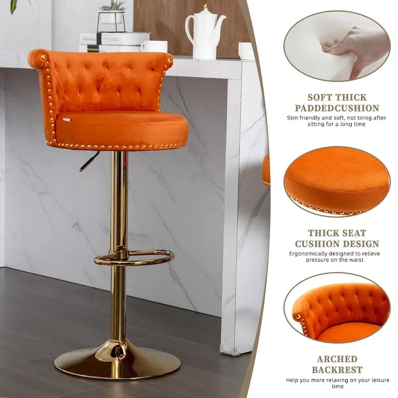 Tabourets de bar réglables pivotants capitonnés beiges / gris / orange / jaunes / bleu marine / noirs avec repose-pieds dorés, lot de 2