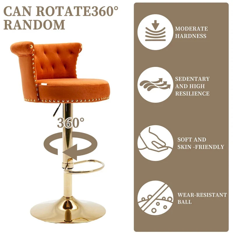 Tabourets de bar réglables pivotants capitonnés beiges / gris / orange / jaunes / bleu marine / noirs avec repose-pieds dorés, lot de 2