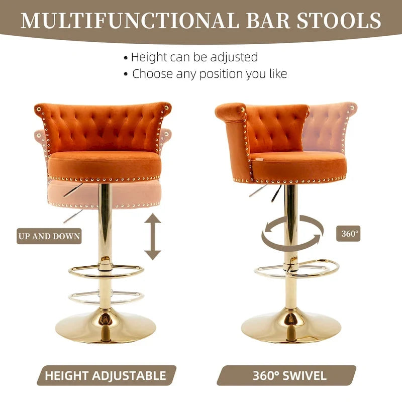 Tabourets de bar réglables pivotants capitonnés beiges / gris / orange / jaunes / bleu marine / noirs avec repose-pieds dorés, lot de 2