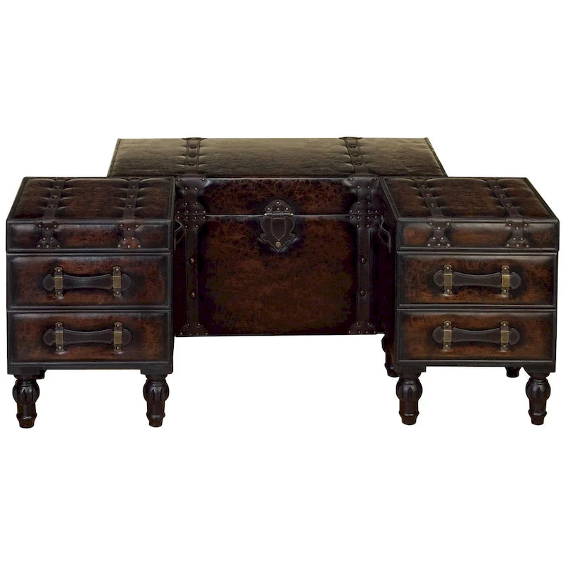 Wood Vintage Faux Leather 4 Drawer Bench with Faux Leather Straps and Studs - Set of 3 Brown - Roche River Decor
