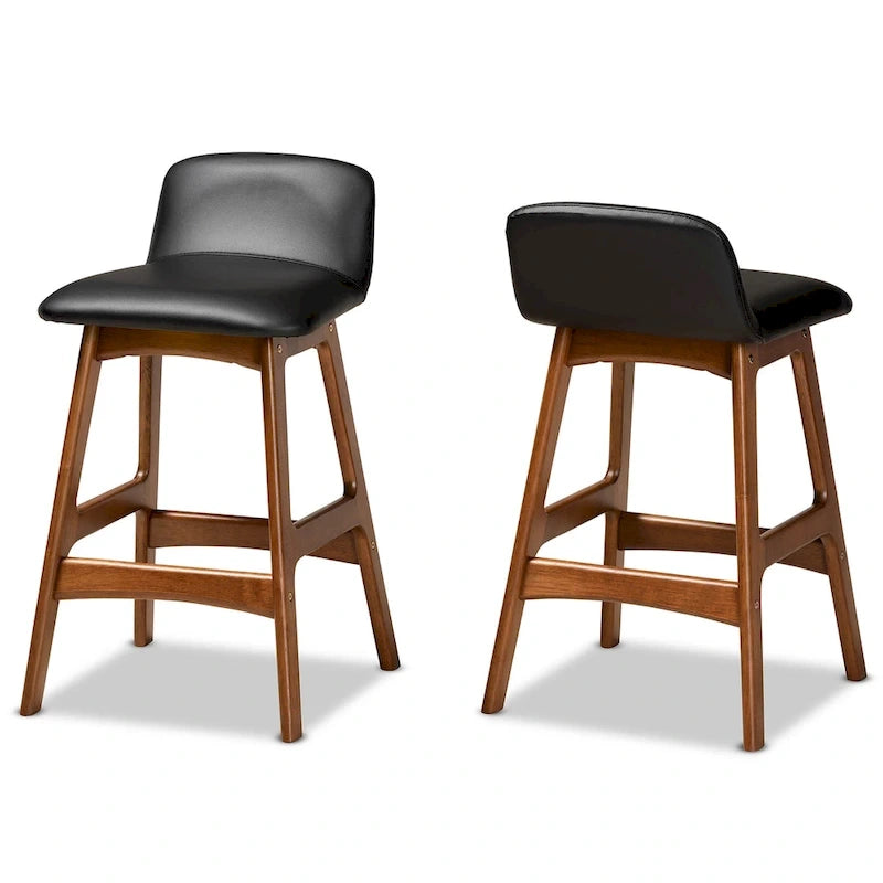 Tabouret de comptoir mi-siècle noir et noyer, lot de 2