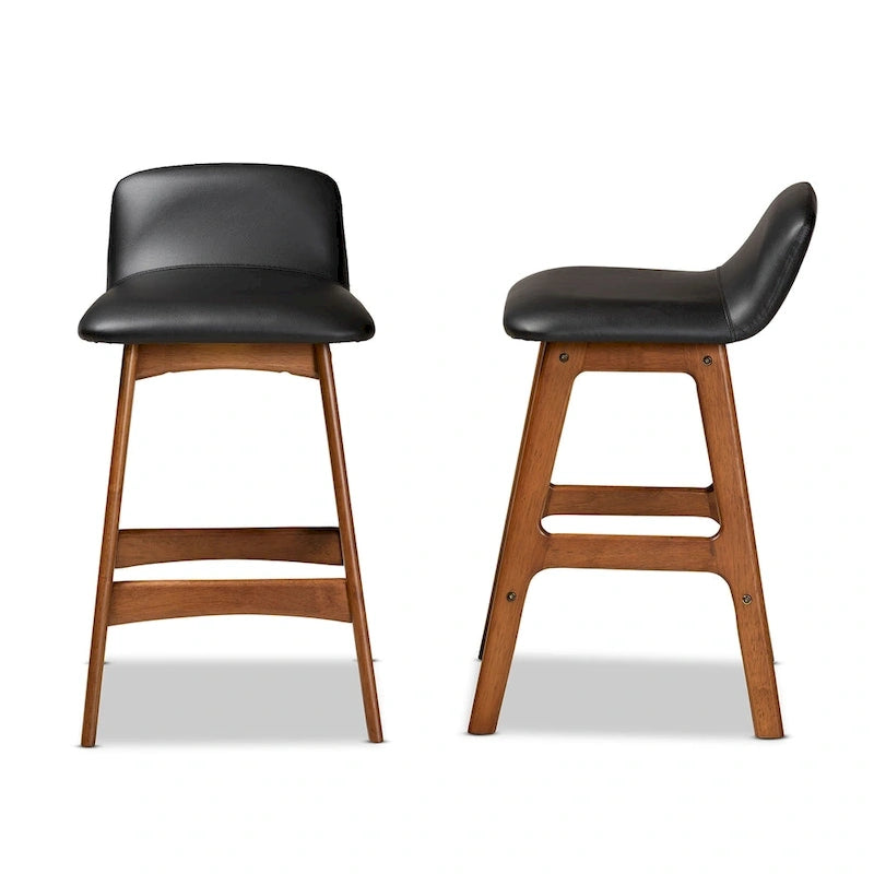 Tabouret de comptoir mi-siècle noir et noyer, lot de 2