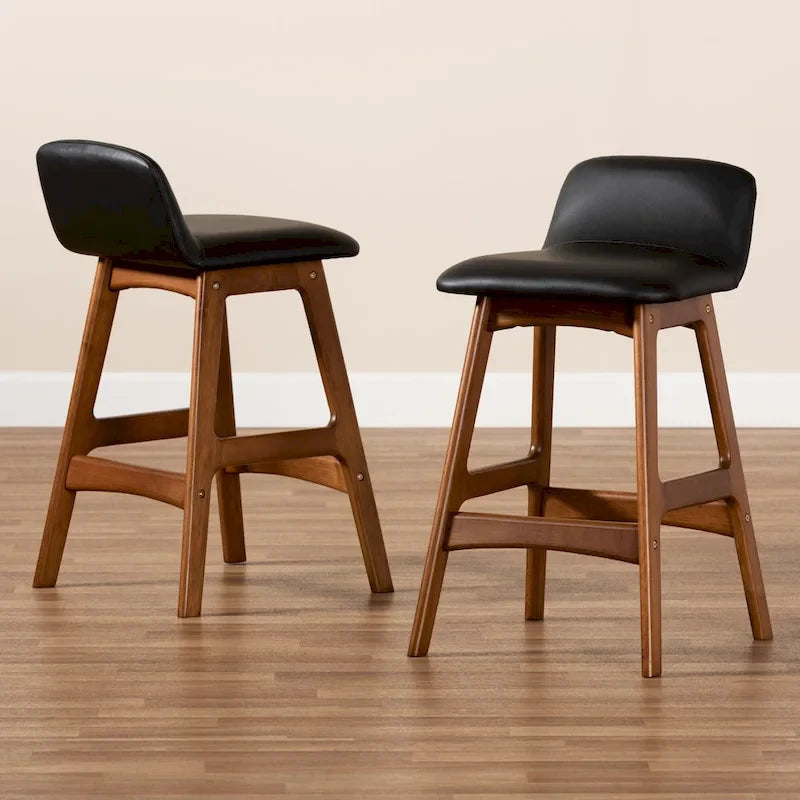 Tabouret de comptoir mi-siècle noir et noyer, lot de 2