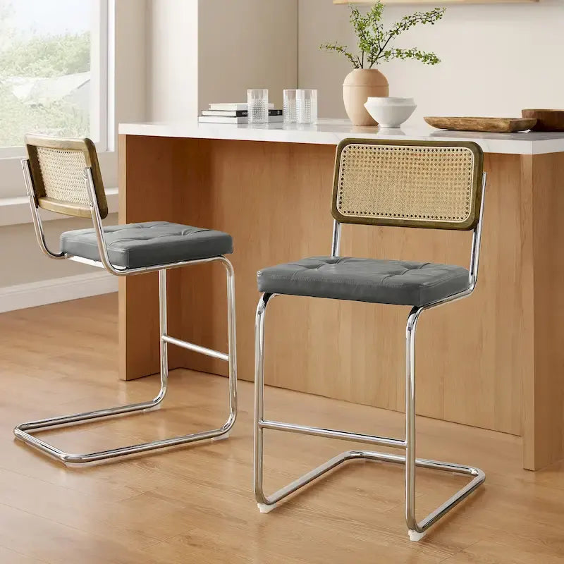Gris/Blanc cassé/Marron/Olive/Orange/Vert, Similicuir et Rotin, Tabouret de comptoir, Lot de 2