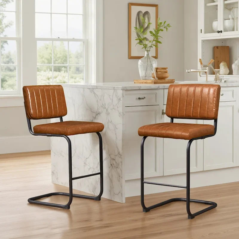 Gris/Blanc cassé/Marron/Olive/Orange/Vert, Similicuir et Rotin, Tabouret de comptoir, Lot de 2
