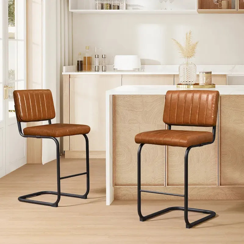 Gris/Blanc cassé/Marron/Olive/Orange/Vert, Similicuir et Rotin, Tabouret de comptoir, Lot de 2