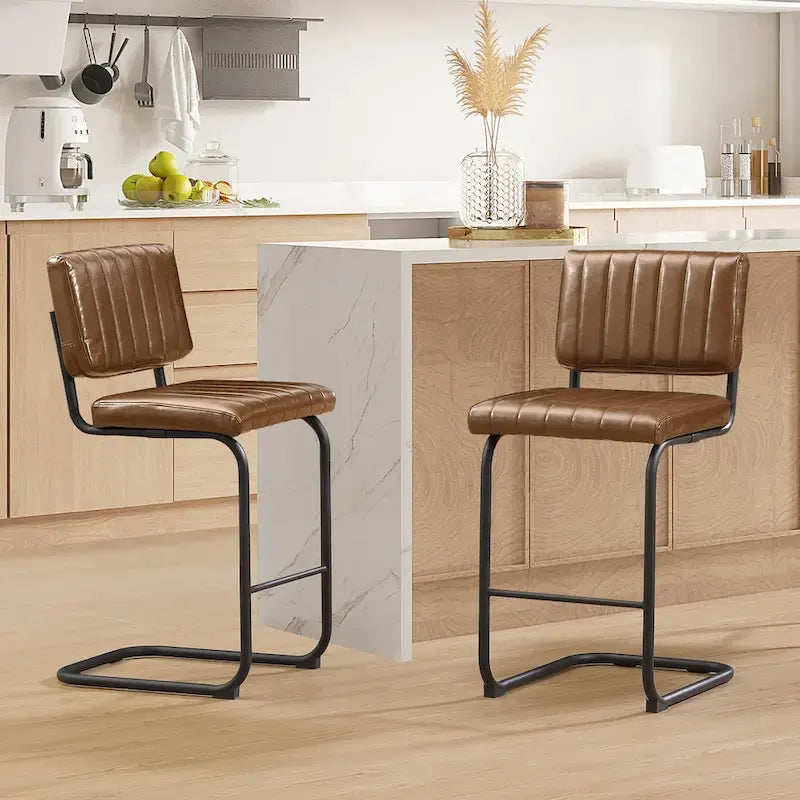 Gris/Blanc cassé/Marron/Olive/Orange/Vert, Similicuir et Rotin, Tabouret de comptoir, Lot de 2