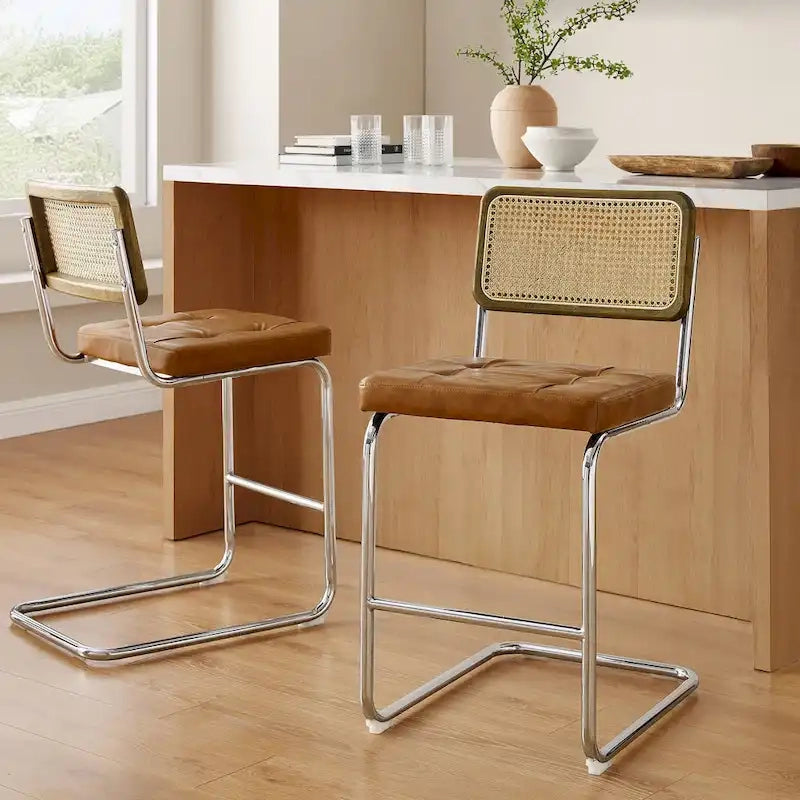 Gris/Blanc cassé/Marron/Olive/Orange/Vert, Similicuir et Rotin, Tabouret de comptoir, Lot de 2