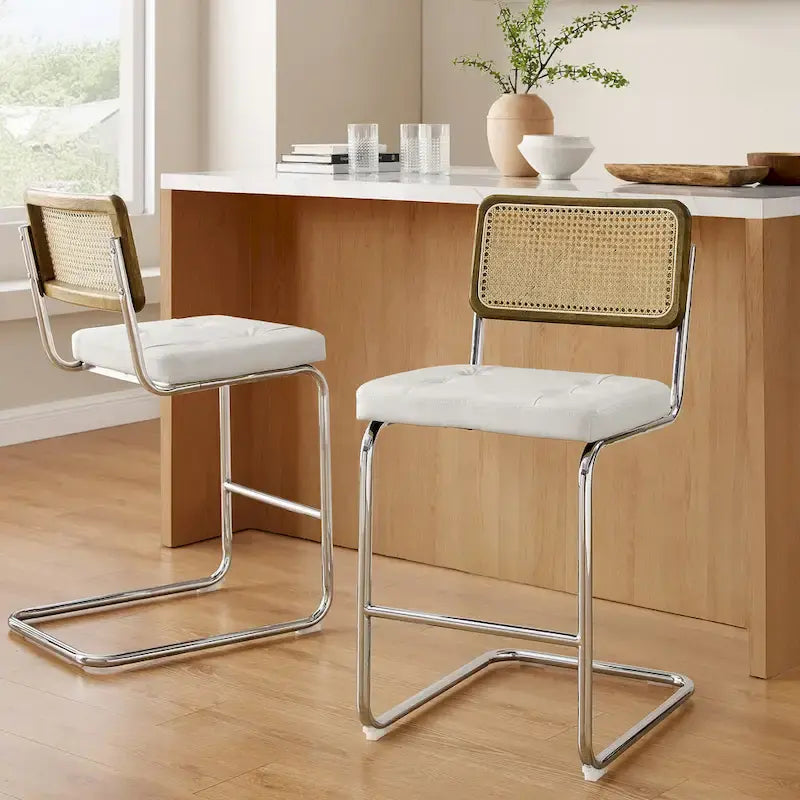 Gris/Blanc cassé/Marron/Olive/Orange/Vert, Similicuir et Rotin, Tabouret de comptoir, Lot de 2