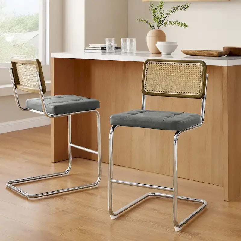 Gris/Blanc cassé/Marron/Olive/Orange/Vert, Similicuir et Rotin, Tabouret de comptoir, Lot de 2