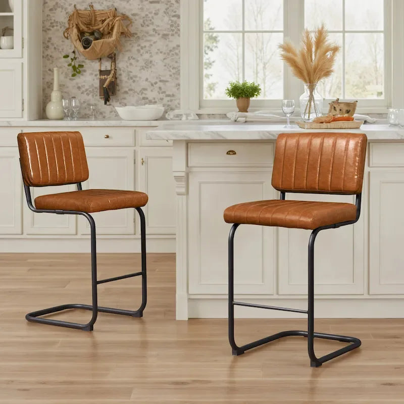 Gris/Blanc cassé/Marron/Olive/Orange/Vert, Similicuir et Rotin, Tabouret de comptoir, Lot de 2