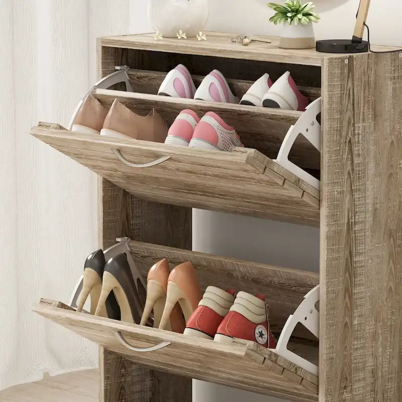 Meuble à chaussures à tiroirs basculants Orange / Gris / Marron / Blanc / Bois, 3 niveaux, pour 1 personne
