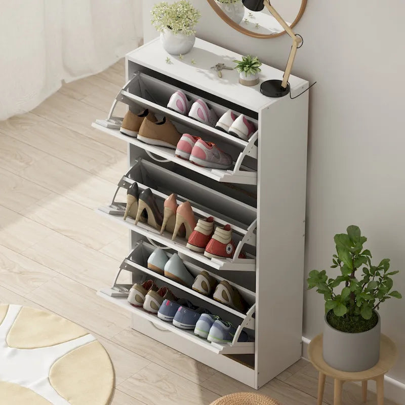 Meuble à chaussures à tiroirs basculants Orange / Gris / Marron / Blanc / Bois, 3 niveaux, pour 1 personne