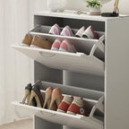 Meuble à chaussures à tiroirs basculants Orange / Gris / Marron / Blanc / Bois, 3 niveaux, pour 1 personne