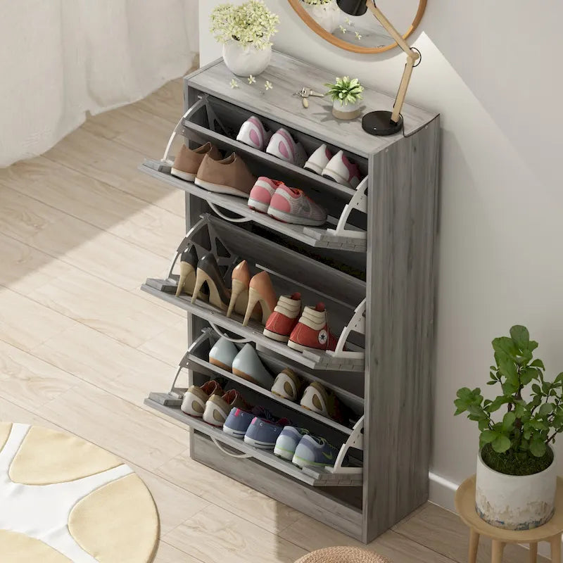 Meuble à chaussures à tiroirs basculants Orange / Gris / Marron / Blanc / Bois, 3 niveaux, pour 1 personne