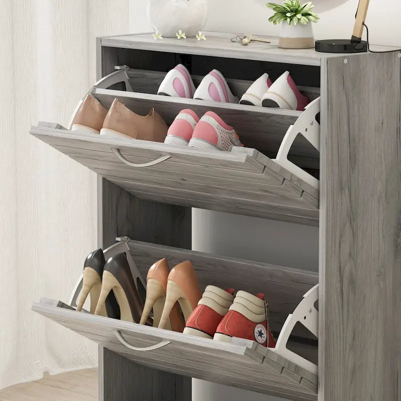 Meuble à chaussures à tiroirs basculants Orange / Gris / Marron / Blanc / Bois, 3 niveaux, pour 1 personne