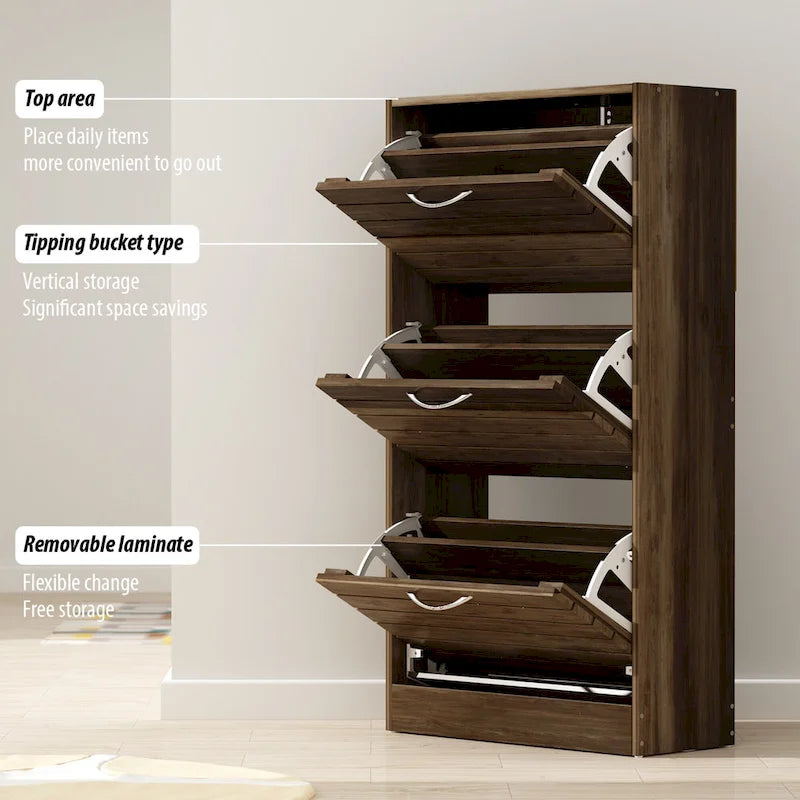 Meuble à chaussures à tiroirs basculants Orange / Gris / Marron / Blanc / Bois, 3 niveaux, pour 1 personne