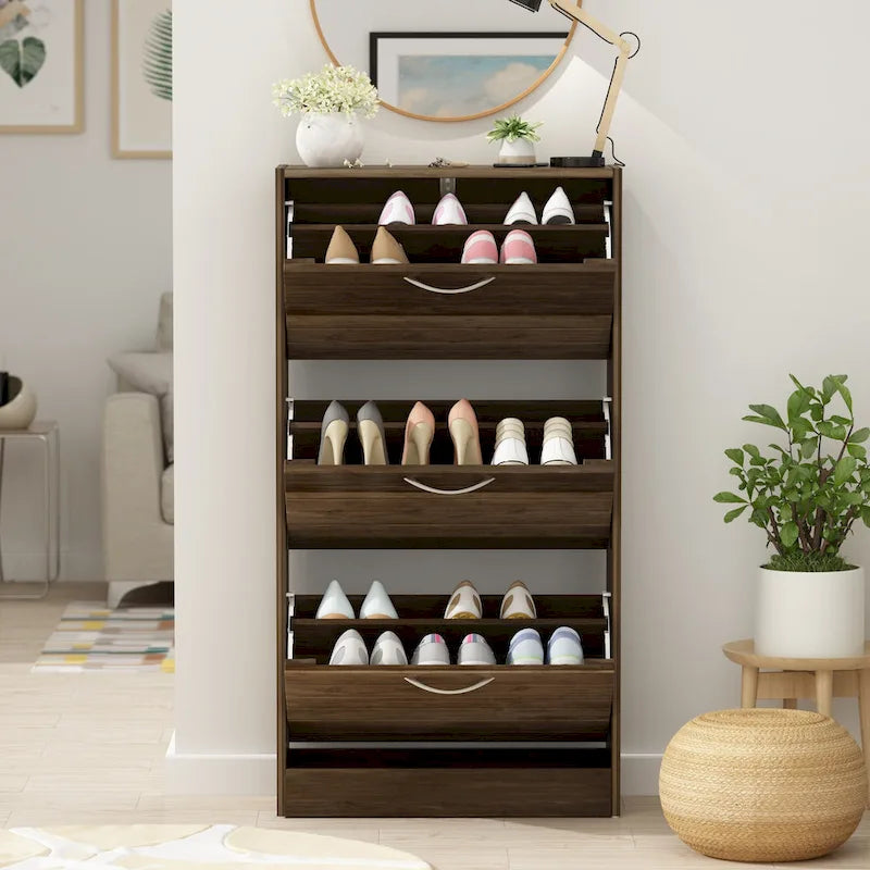 Meuble à chaussures à tiroirs basculants Orange / Gris / Marron / Blanc / Bois, 3 niveaux, pour 1 personne