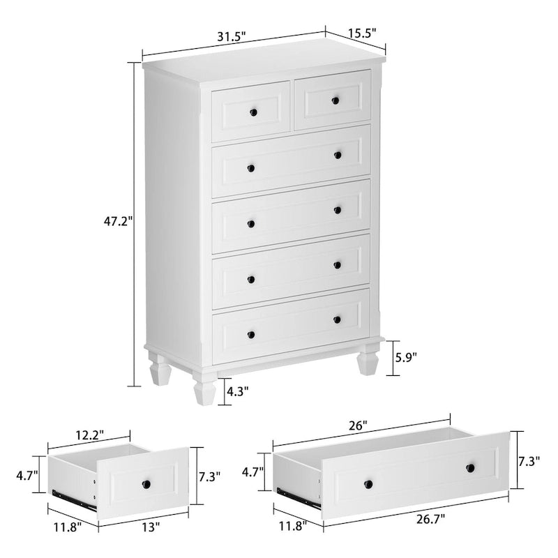 Commode blanche à 6 tiroirs, style moderne, pour 1 personne