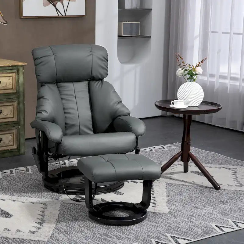 Fauteuil inclinable de massage gris/bleu avec ottoman, pivotant à 360°, cuir PU, 1 personne