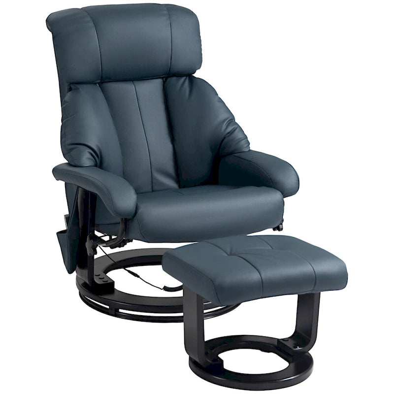 Fauteuil inclinable de massage gris/bleu avec ottoman, pivotant à 360°, cuir PU, 1 personne