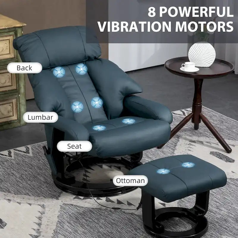 Fauteuil inclinable de massage gris/bleu avec ottoman, pivotant à 360°, cuir PU, 1 personne