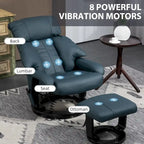 Fauteuil inclinable de massage gris/bleu avec ottoman, pivotant à 360°, cuir PU, 1 personne