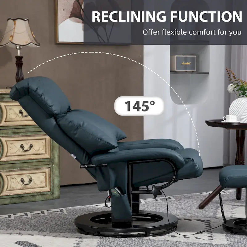 Fauteuil inclinable de massage gris/bleu avec ottoman, pivotant à 360°, cuir PU, 1 personne