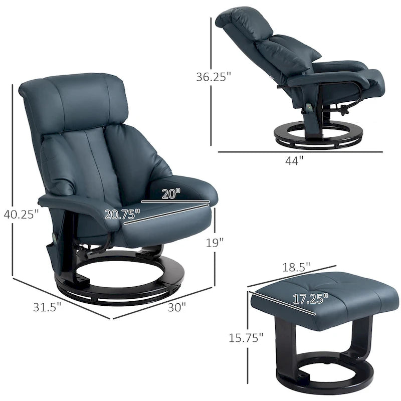 Fauteuil inclinable de massage gris/bleu avec ottoman, pivotant à 360°, cuir PU, 1 personne