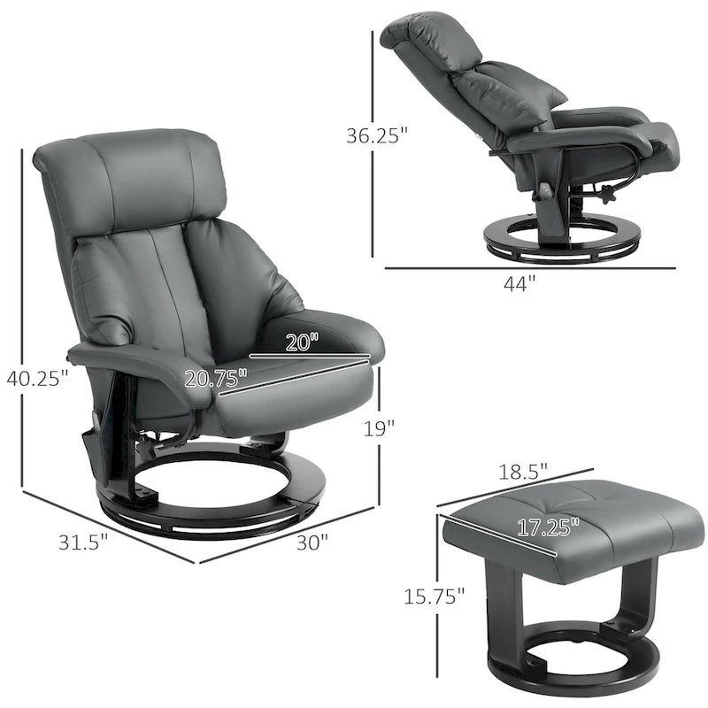 Fauteuil inclinable de massage gris/bleu avec ottoman, pivotant à 360°, cuir PU, 1 personne