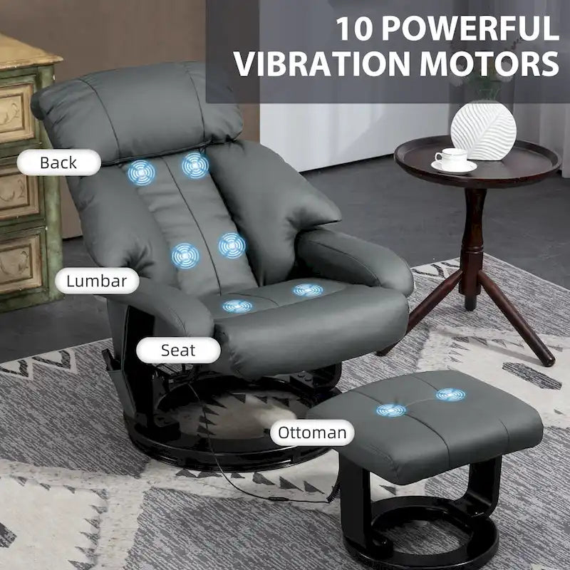 Fauteuil inclinable de massage gris/bleu avec ottoman, pivotant à 360°, cuir PU, 1 personne